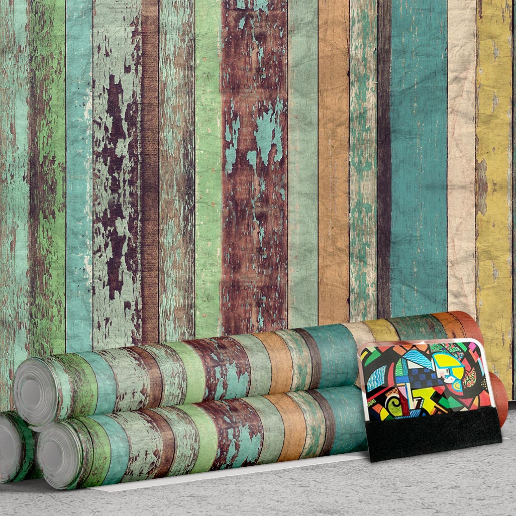 Life Decor Möbel klebefolie, selbstklebend - Wasserdichte Klebefolie für Möbel, Schrank, Tisch, Tür - UV-beständig & robust- bunte Bretter PAT002