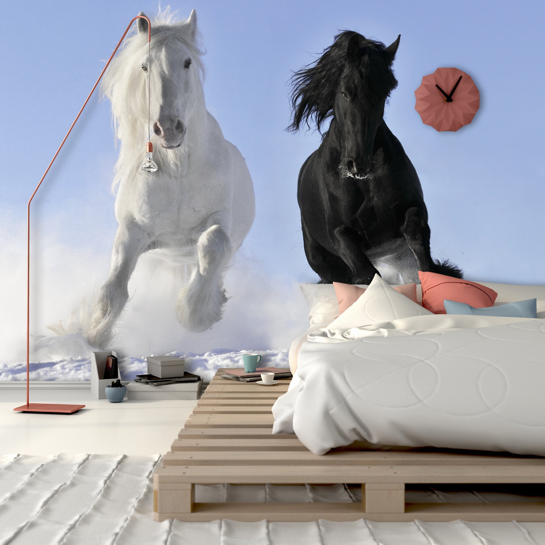 PVC Fototapete White and Black Horse - ECO Wandbild Selbstklebende Tapete - 3D Vinyl Wandsticker XXL SW043