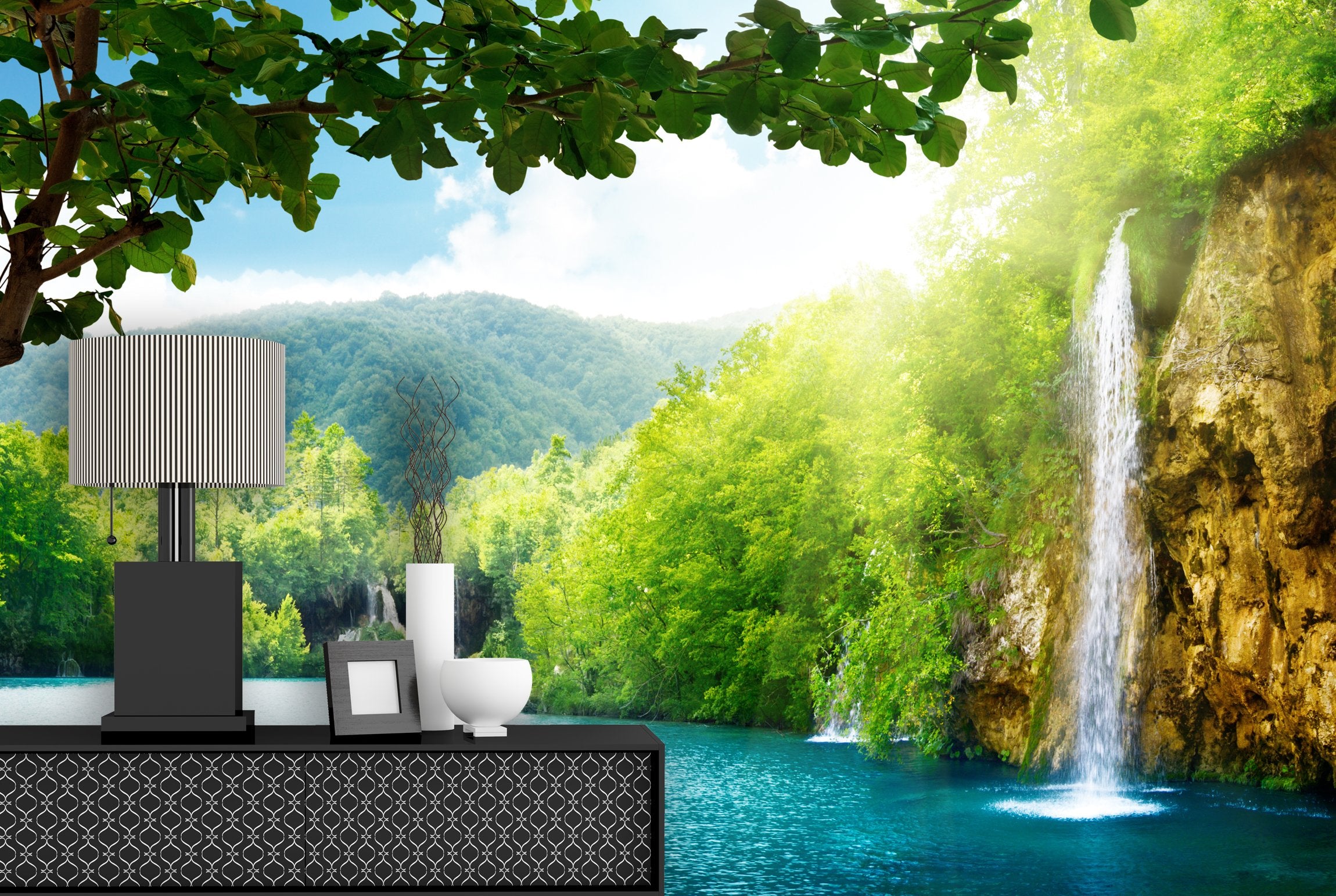 PVC Fototapete Waterfall In Deep Forest - ECO Wandbild Selbstklebende Tapete - 3D Vinyl Wandsticker XXL SW193