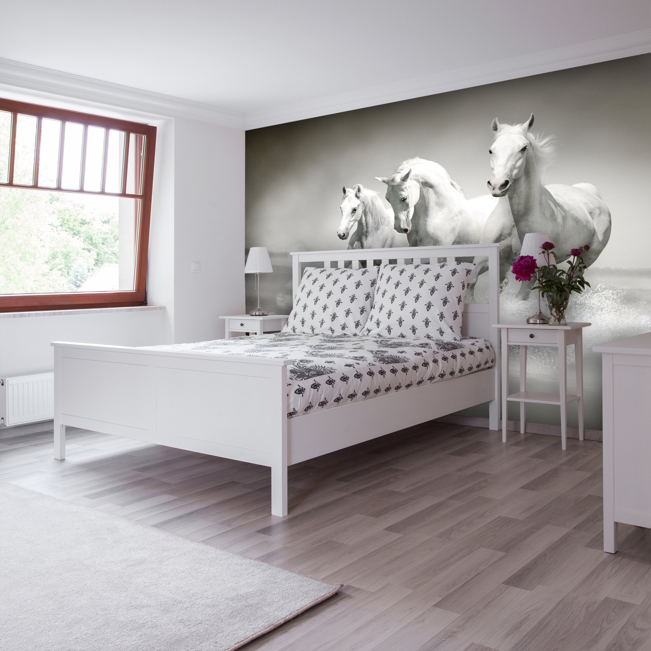PVC Fototapete White horses - ECO Wandbild Selbstklebende Tapete - 3D Vinyl Wandsticker XXL SW020