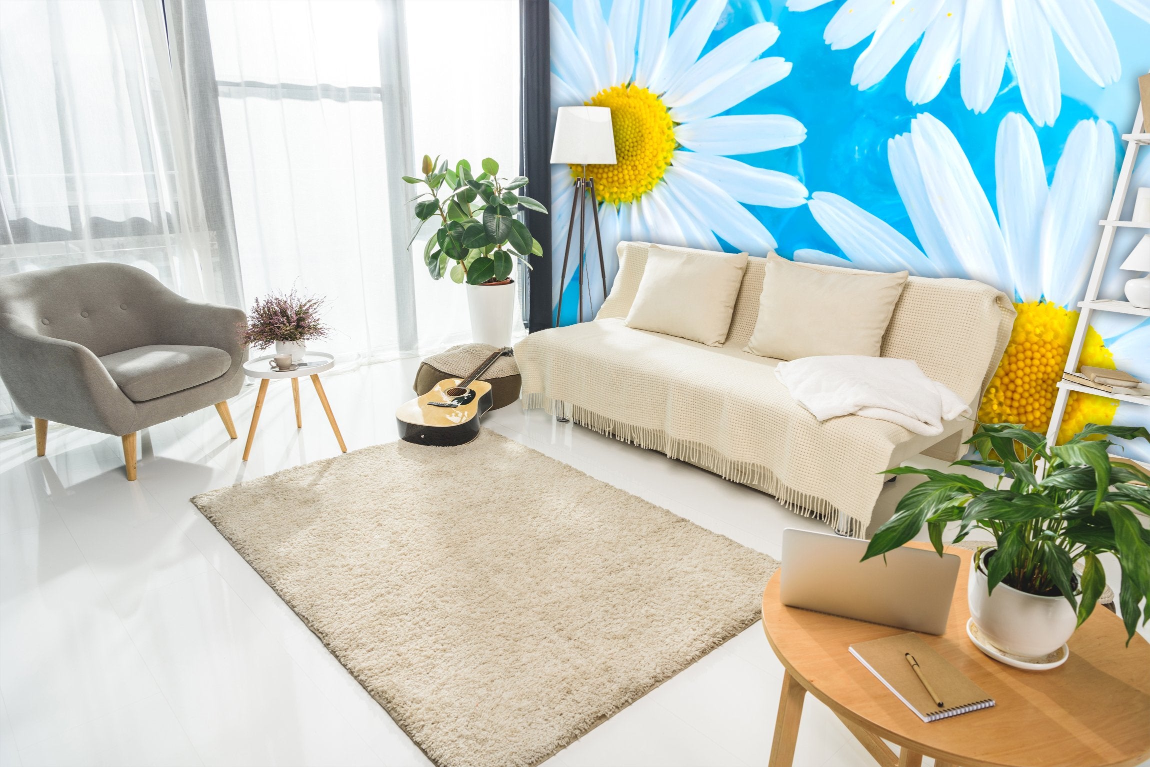 PVC Fototapete Beautiful Chamomiles On Water - ECO Wandbild Selbstklebende Tapete - 3D Vinyl Wandsticker XXL SW199