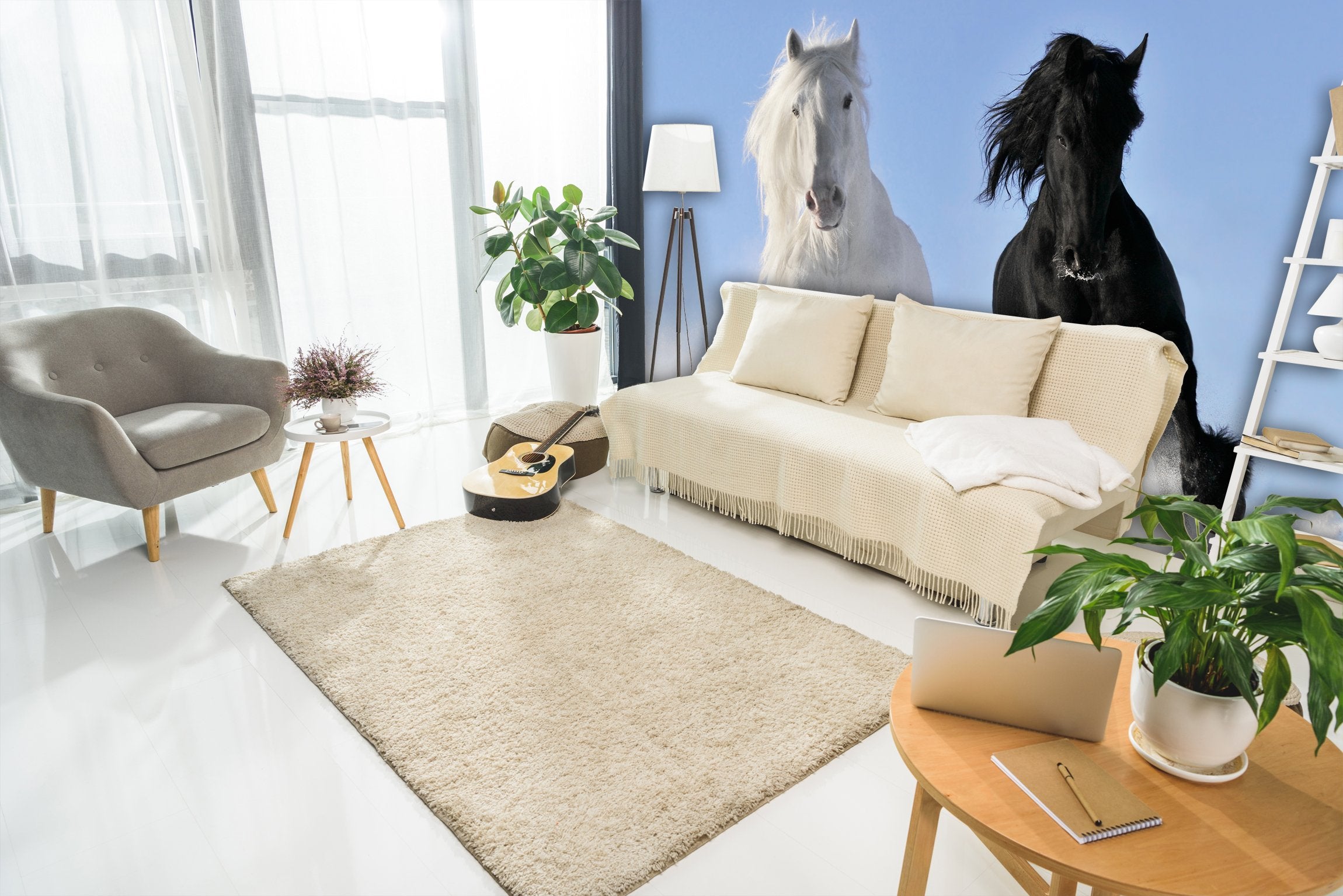 PVC Fototapete White and Black Horse - ECO Wandbild Selbstklebende Tapete - 3D Vinyl Wandsticker XXL SW043