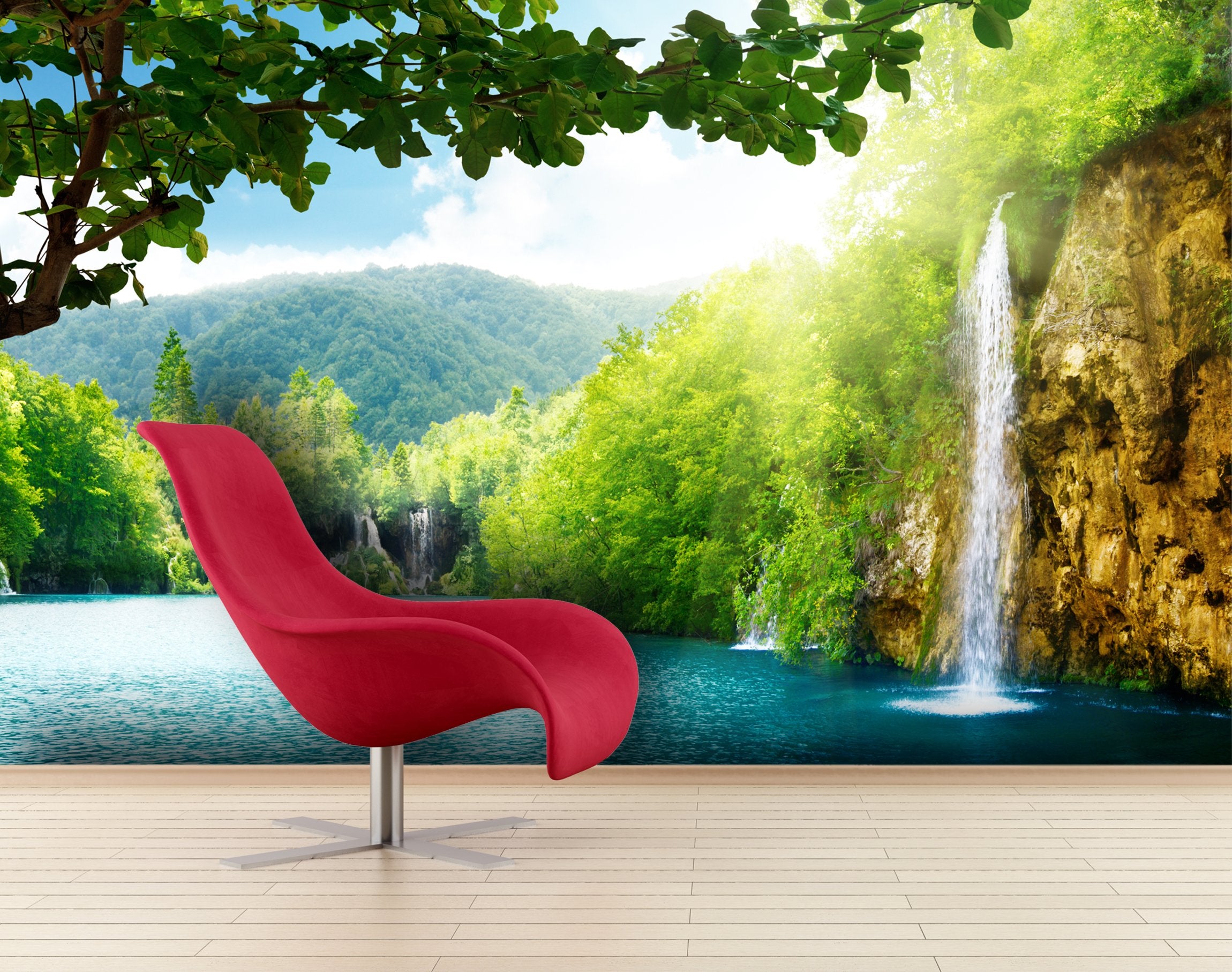 PVC Fototapete Waterfall In Deep Forest - ECO Wandbild Selbstklebende Tapete - 3D Vinyl Wandsticker XXL SW193