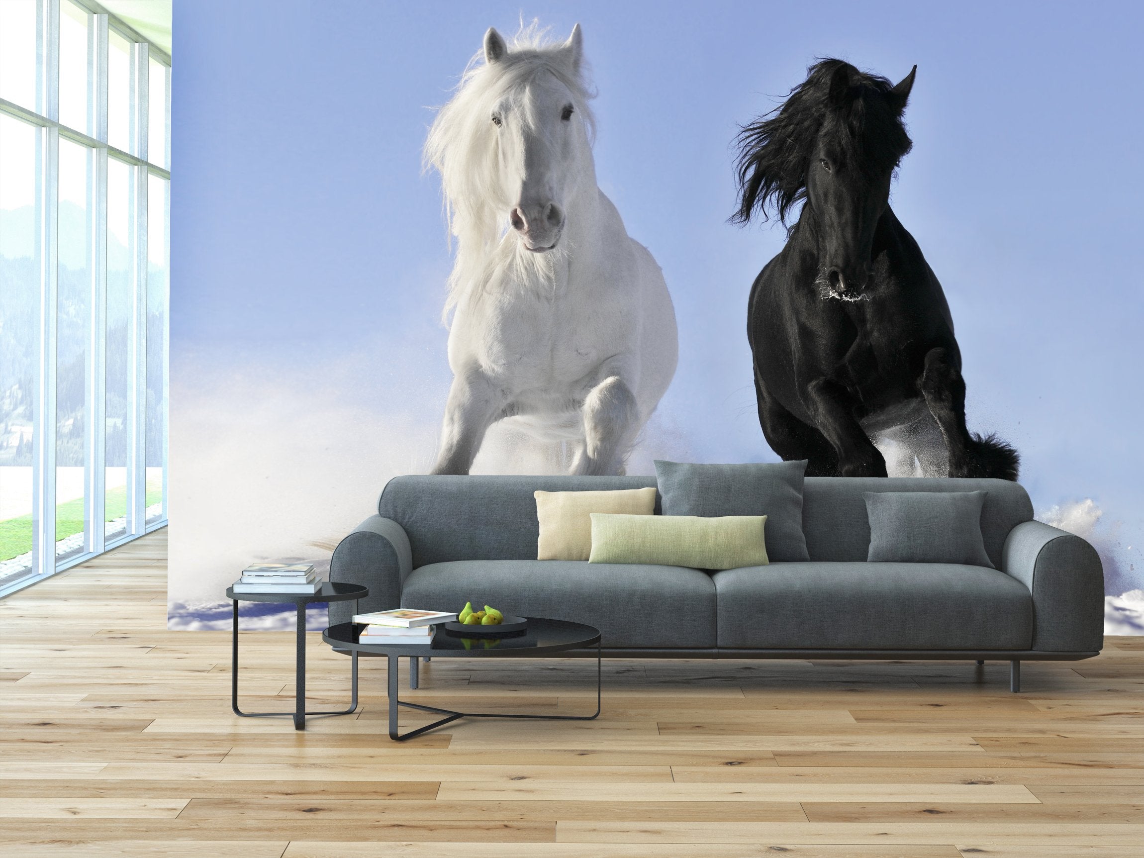 PVC Fototapete White and Black Horse - ECO Wandbild Selbstklebende Tapete - 3D Vinyl Wandsticker XXL SW043