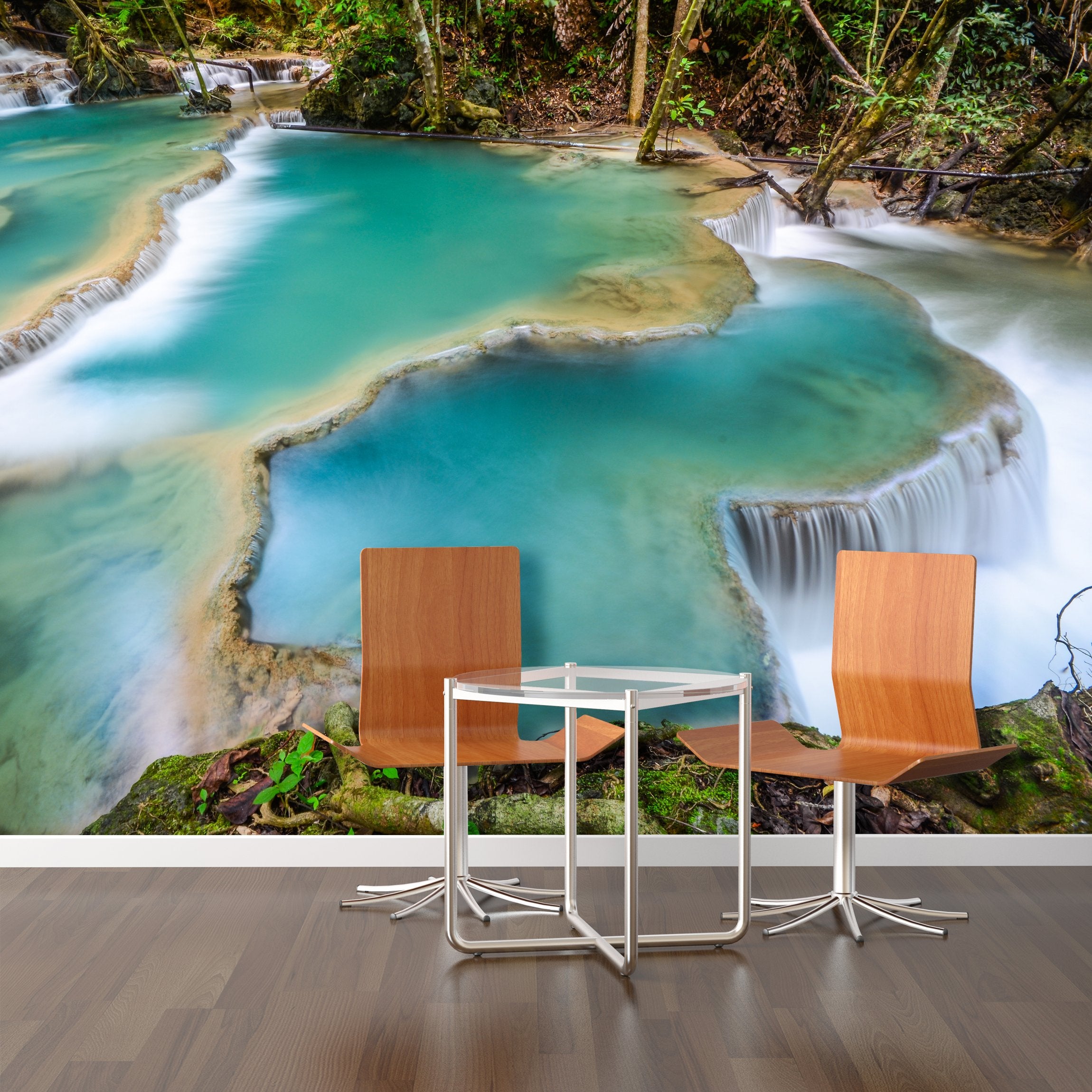 PVC Fototapete Deep Forest Waterfall - ECO Wandbild Selbstklebende Tapete - 3D Vinyl Wandsticker XXL SW213