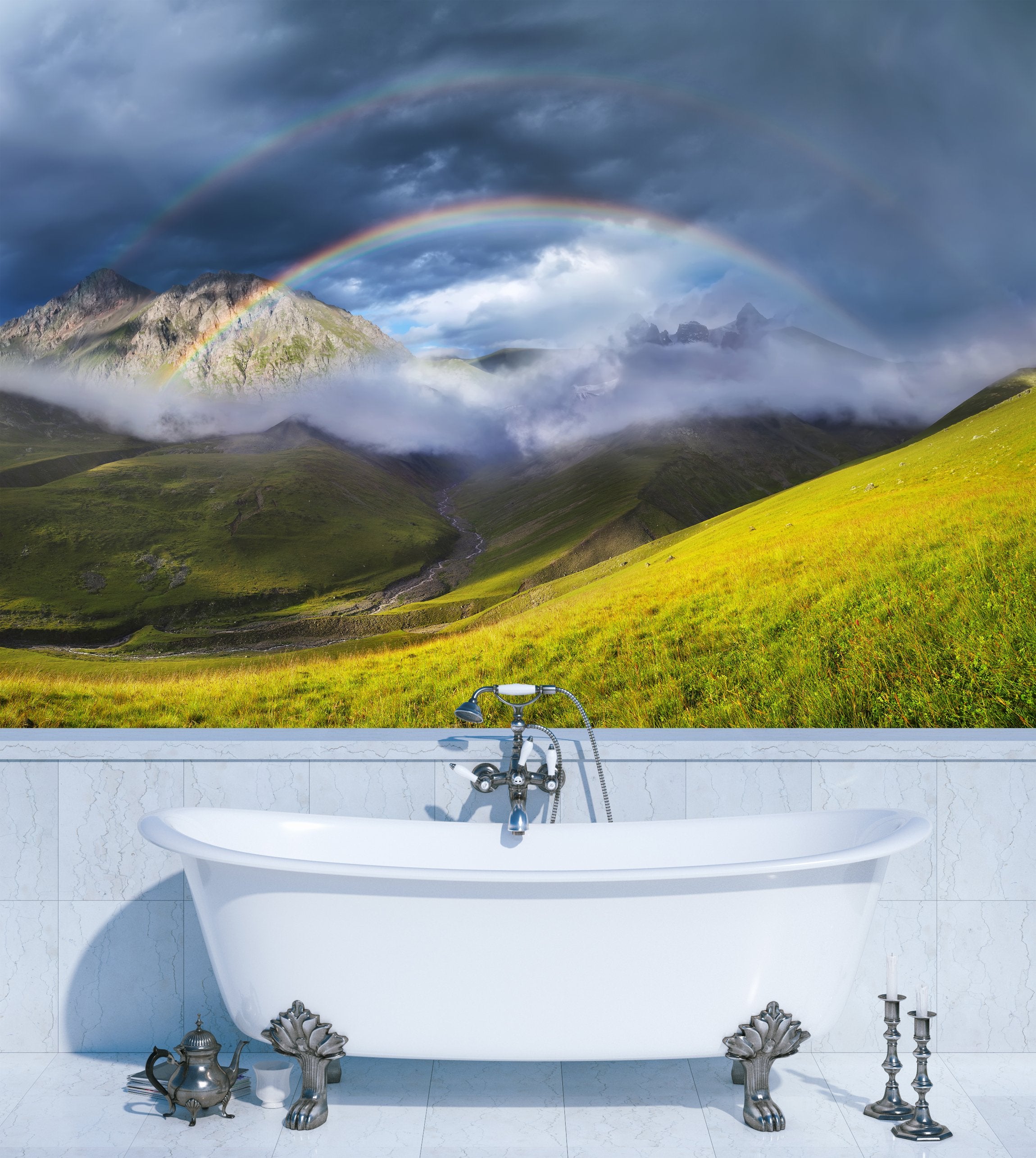 PVC Fototapete Rainbow In Mountain Valley - ECO Wandbild Selbstklebende Tapete - 3D Vinyl Wandsticker XXL SW253
