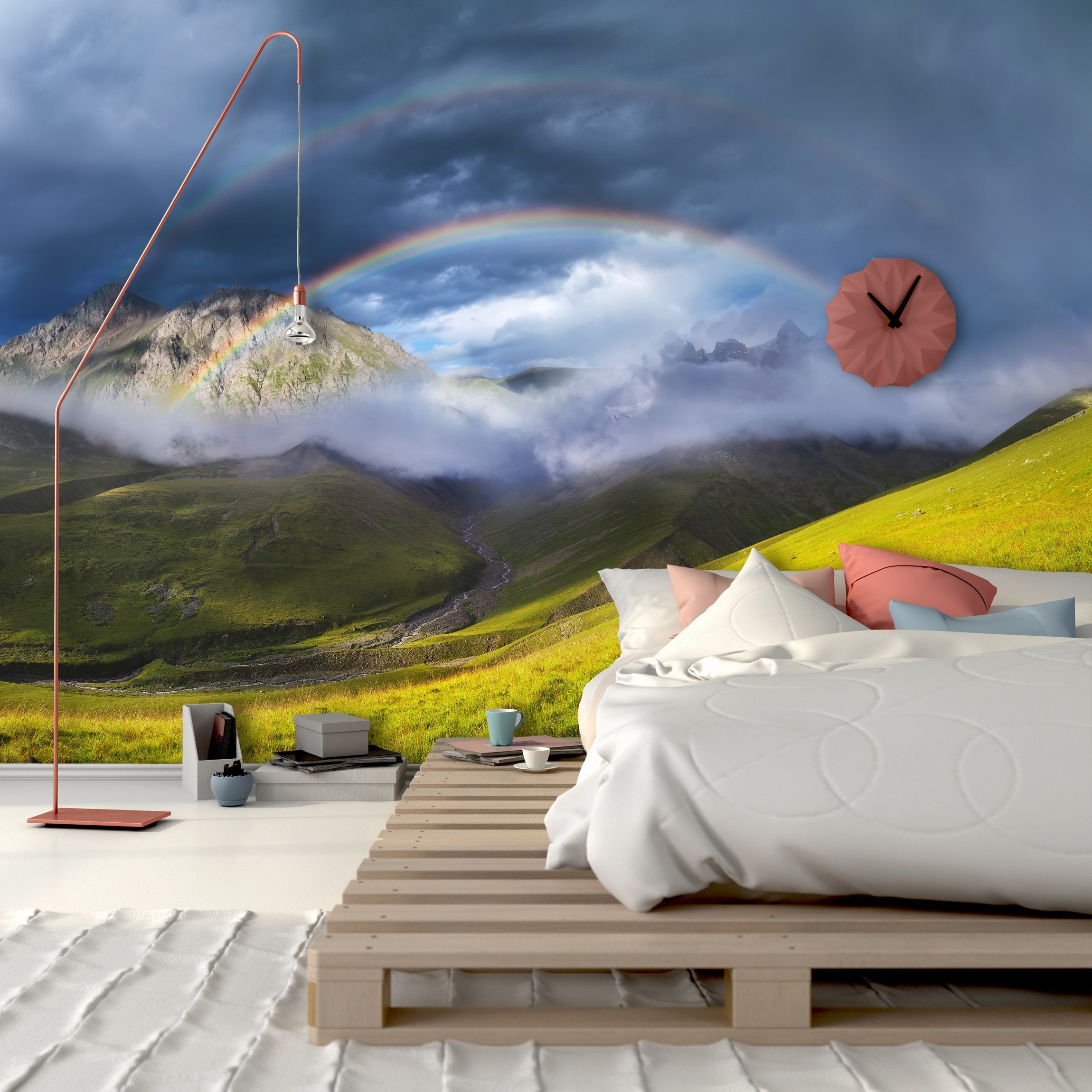 PVC Fototapete Rainbow In Mountain Valley - ECO Wandbild Selbstklebende Tapete - 3D Vinyl Wandsticker XXL  SW253