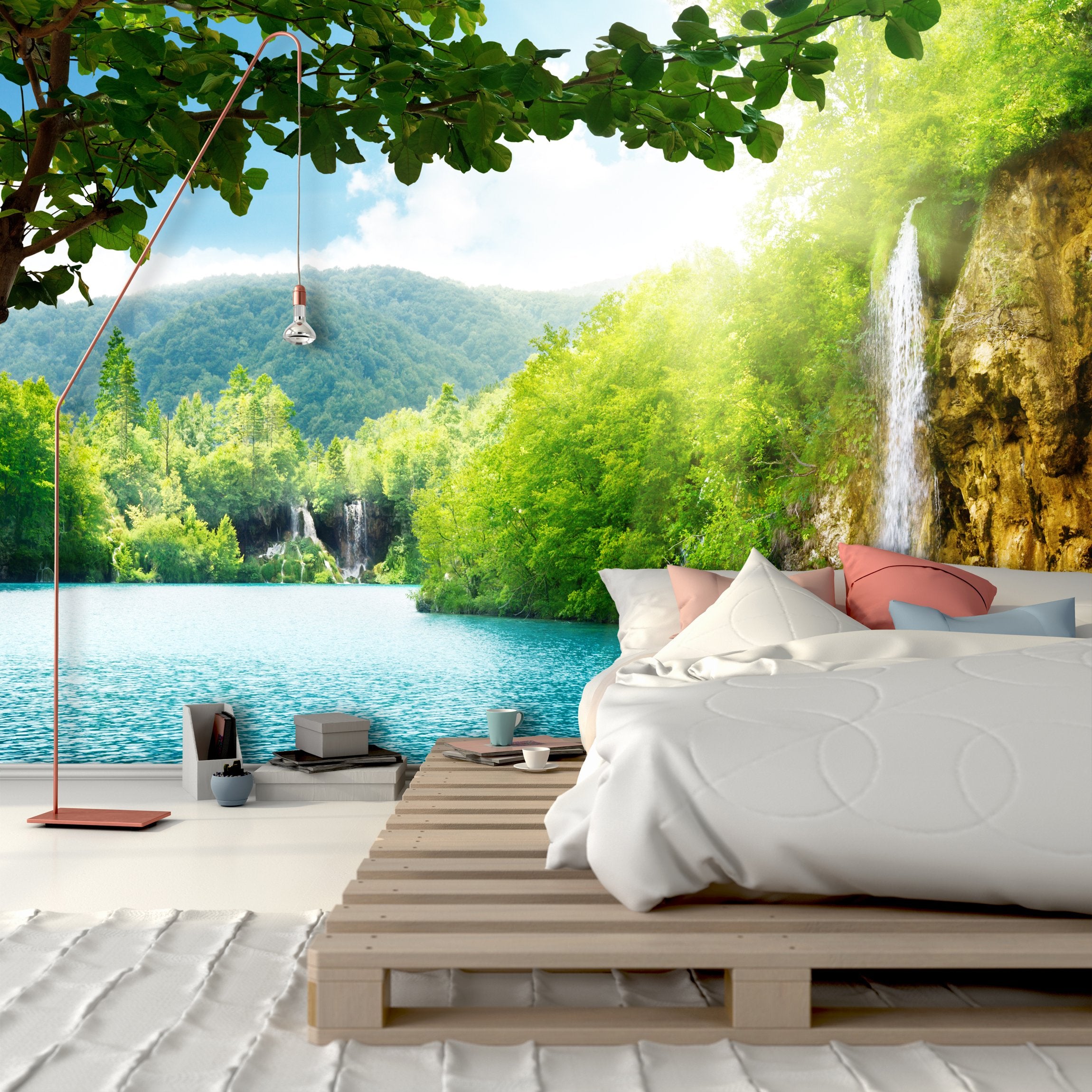PVC Fototapete Waterfall In Deep Forest - ECO Wandbild Selbstklebende Tapete - 3D Vinyl Wandsticker XXL  SW193