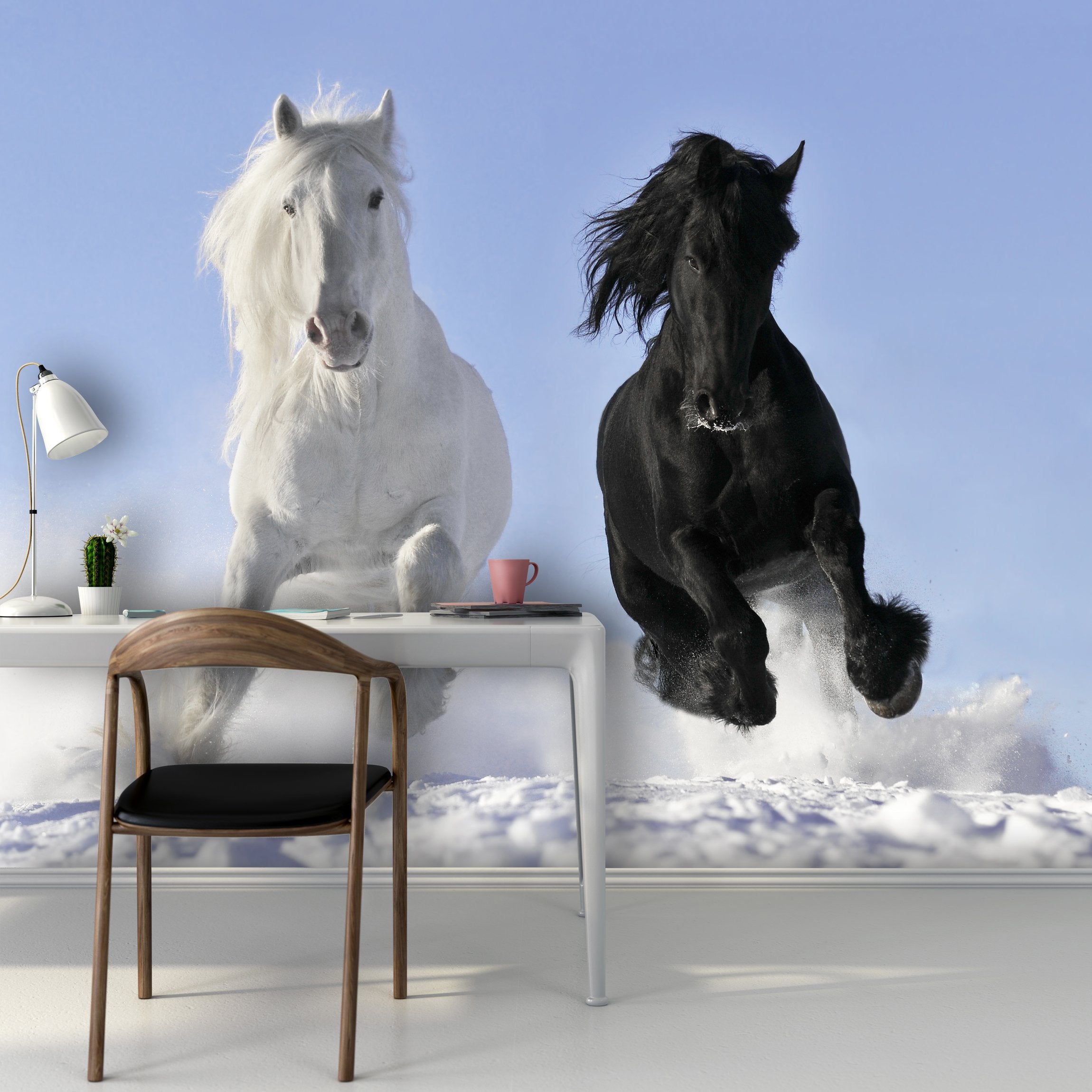PVC Fototapete White and Black Horse - ECO Wandbild Selbstklebende Tapete - 3D Vinyl Wandsticker XXL  SW043