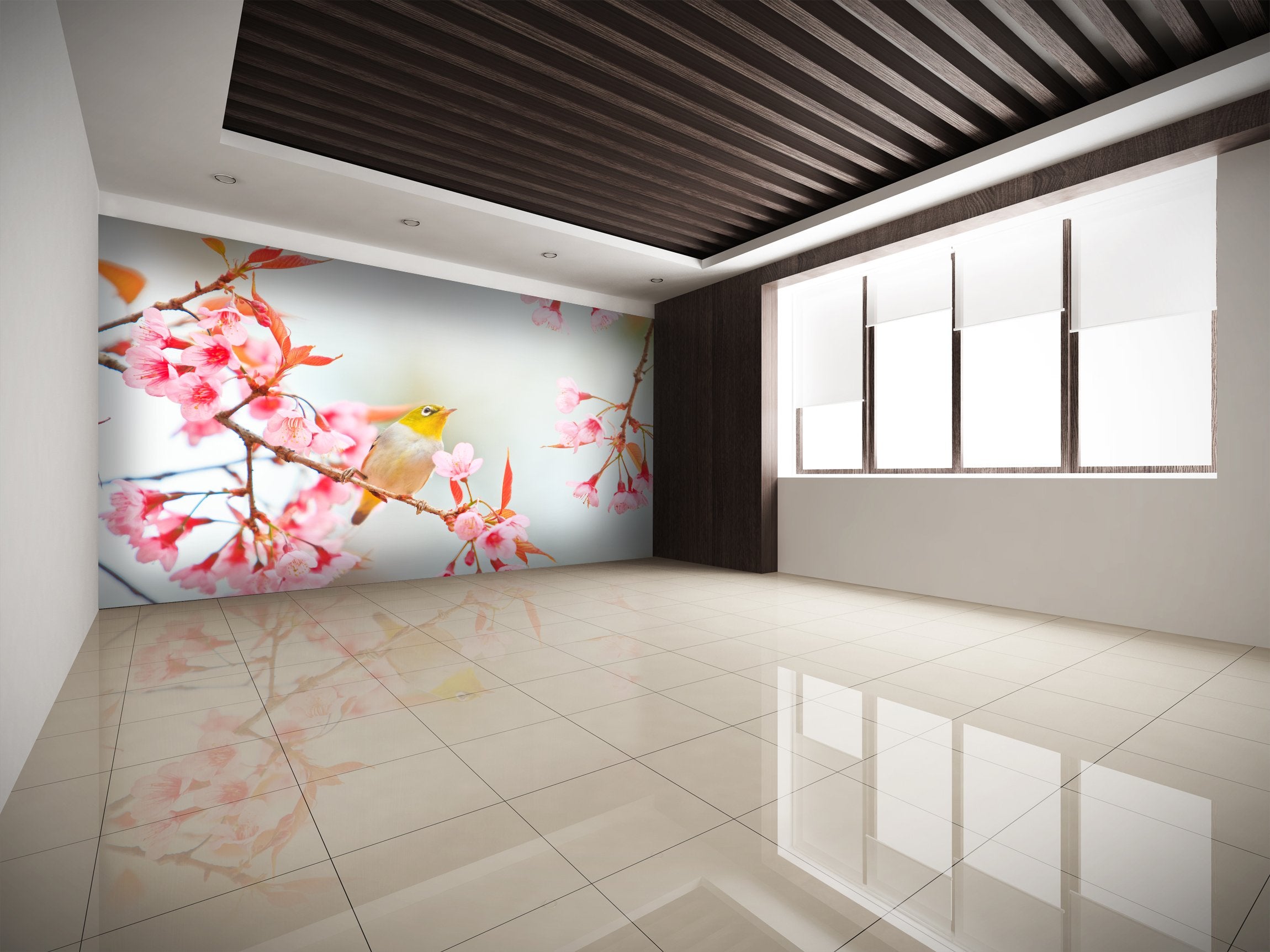 PVC Fototapete Bird On Cherry Blossom – ECO Wandbild Selbstklebende Tapete – 3D Vinyl Wandsticker XXL  SW147 - life-decor.de