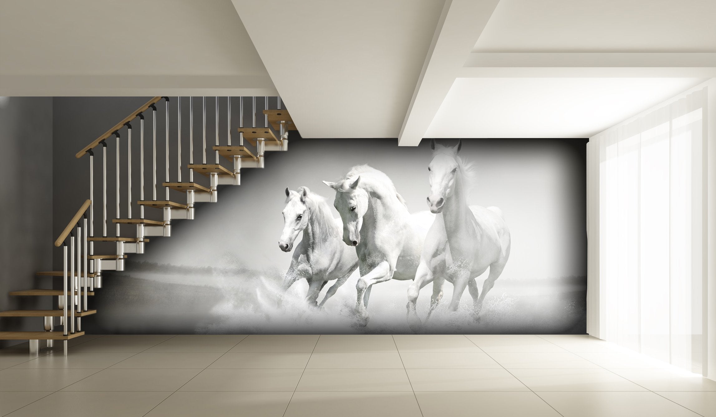 PVC Fototapete White horses - ECO Wandbild Selbstklebende Tapete - 3D Vinyl Wandsticker XXL  SW020