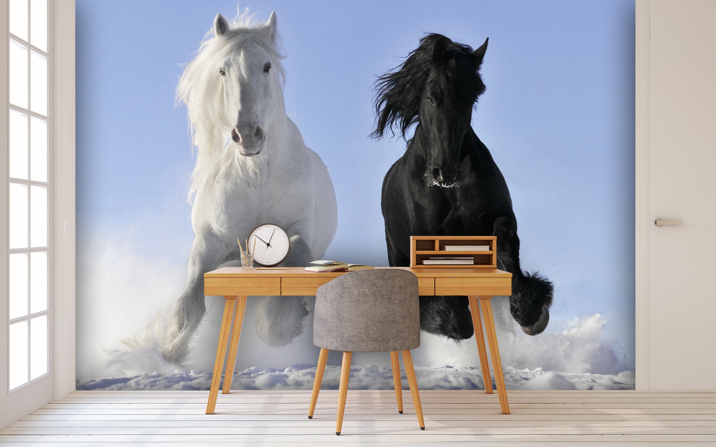 PVC Fototapete White and Black Horse - ECO Wandbild Selbstklebende Tapete - 3D Vinyl Wandsticker XXL  SW043