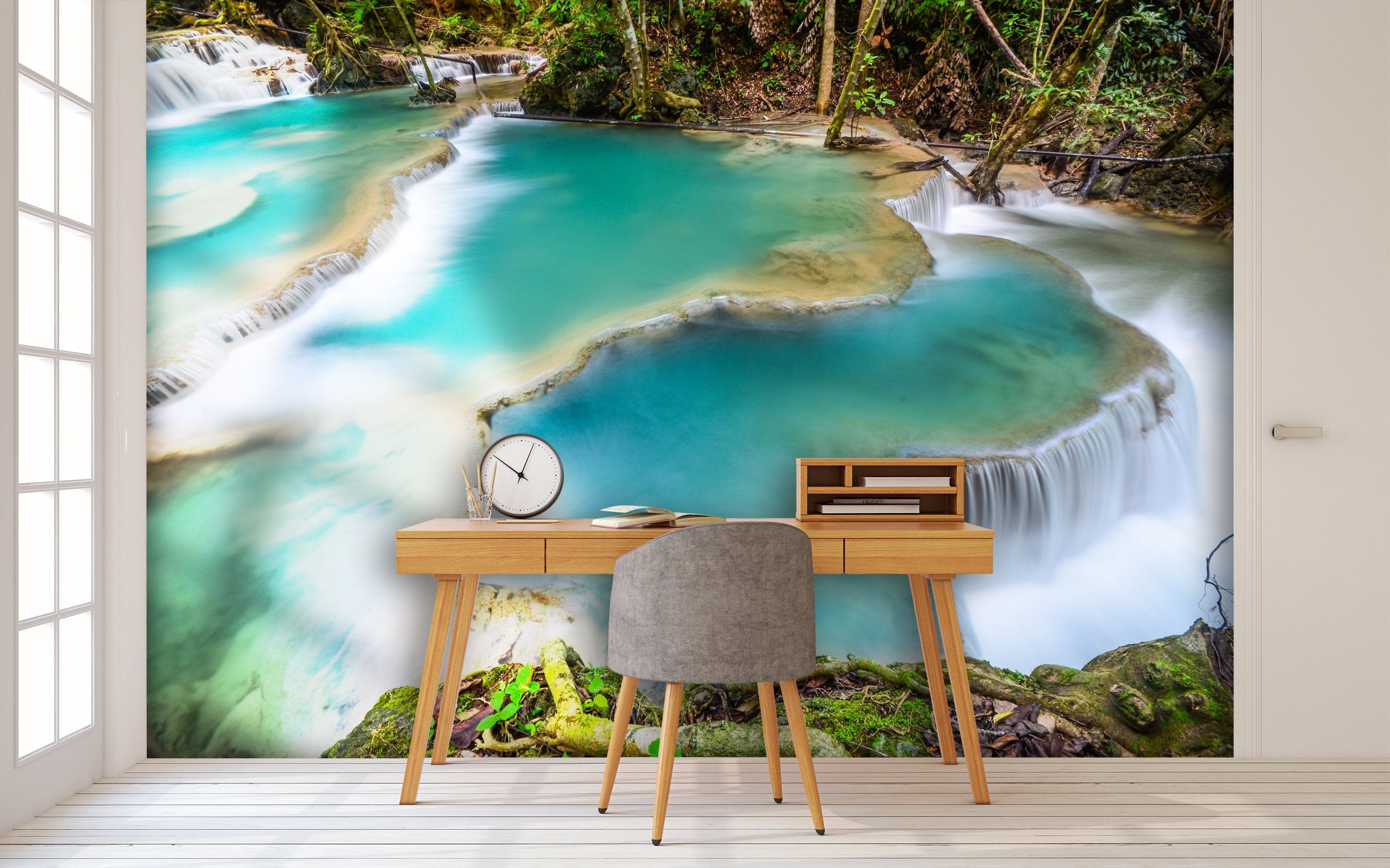 PVC Fototapete Deep Forest Waterfall - ECO Wandbild Selbstklebende Tapete - 3D Vinyl Wandsticker XXL  SW213