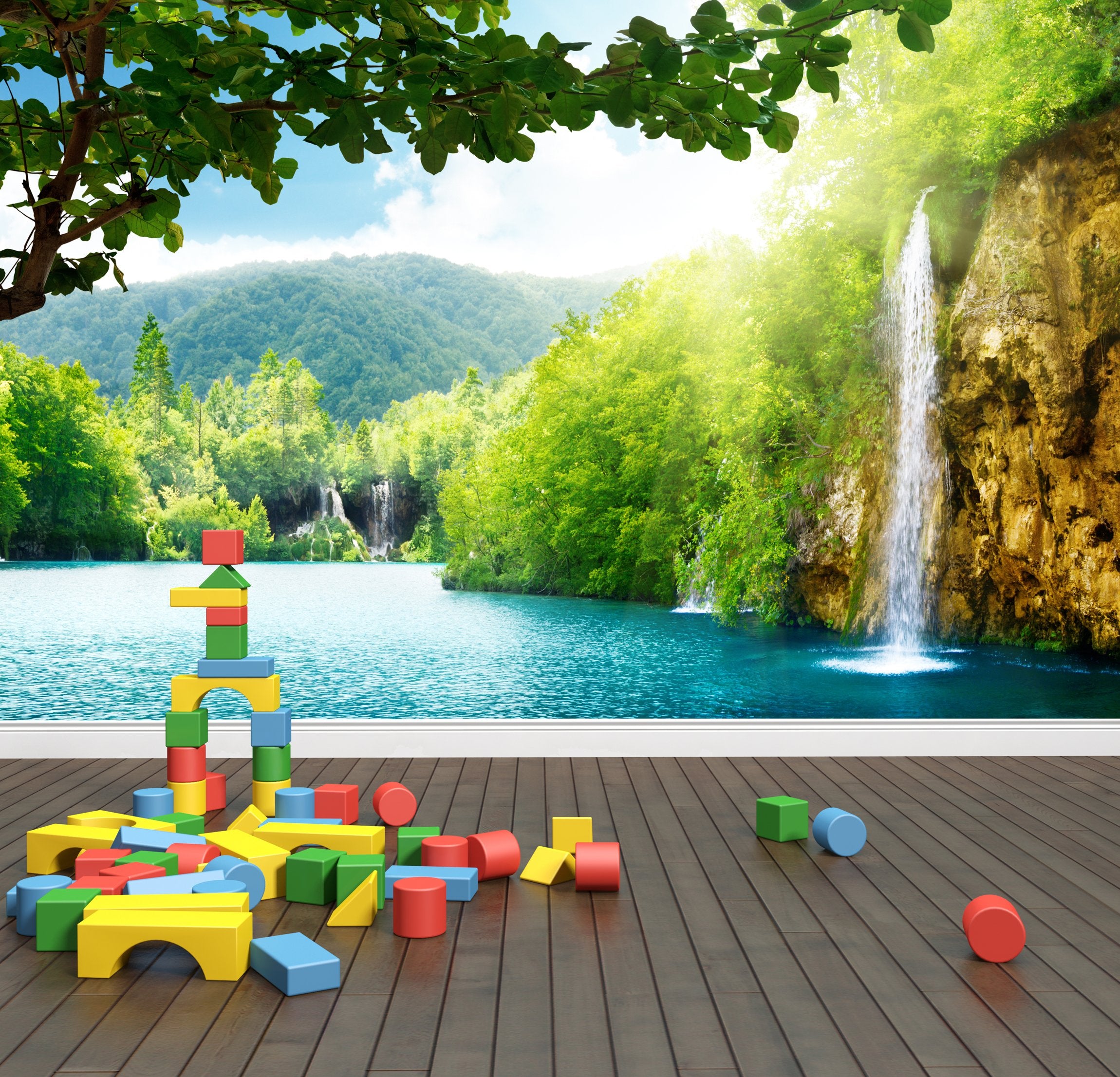PVC Fototapete Waterfall In Deep Forest - ECO Wandbild Selbstklebende Tapete - 3D Vinyl Wandsticker XXL  SW193