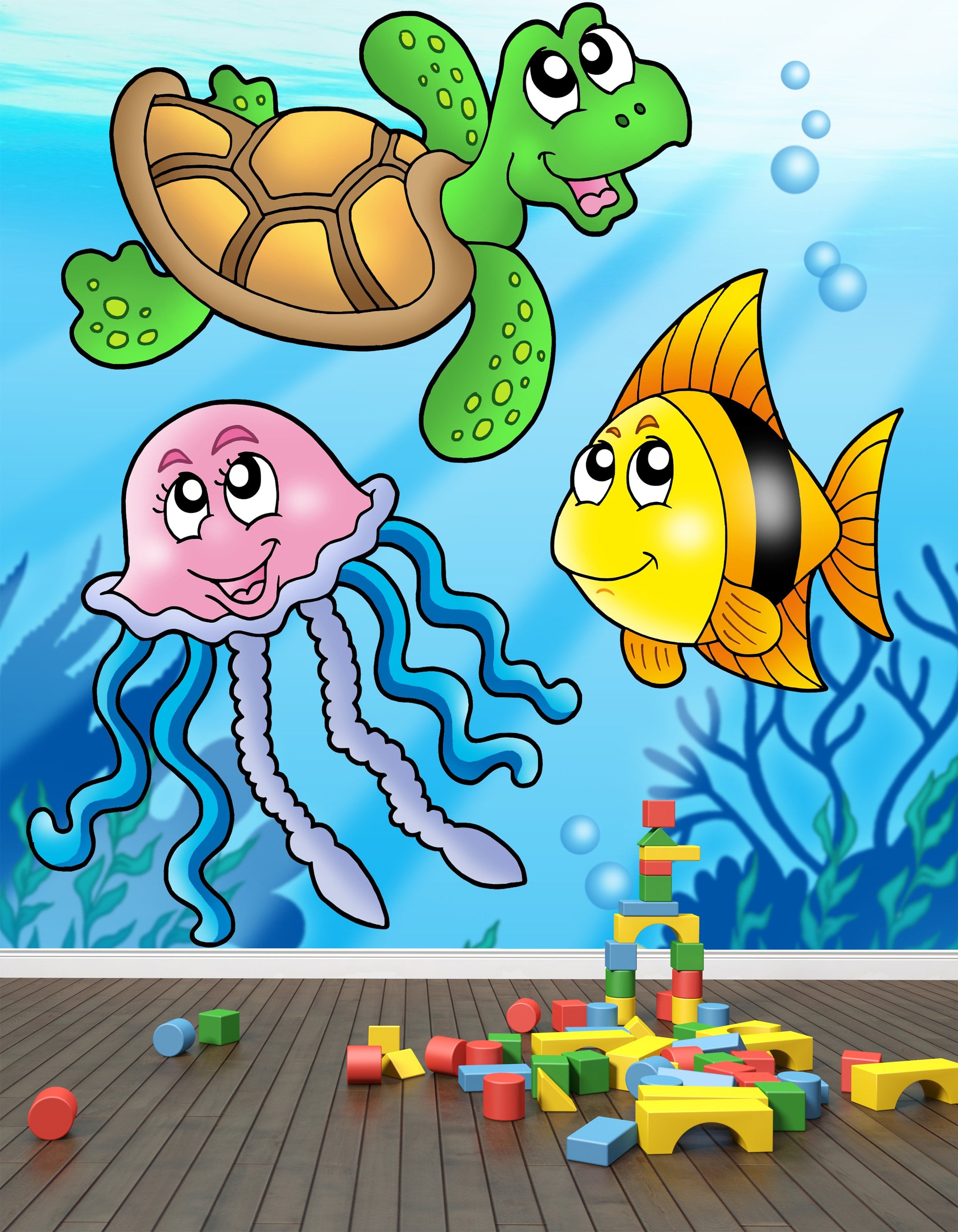 PVC Fototapete Sea Fishes And Animals - ECO Wandbild Selbstklebende Tapete - 3D Vinyl Wandsticker XXL  SW118