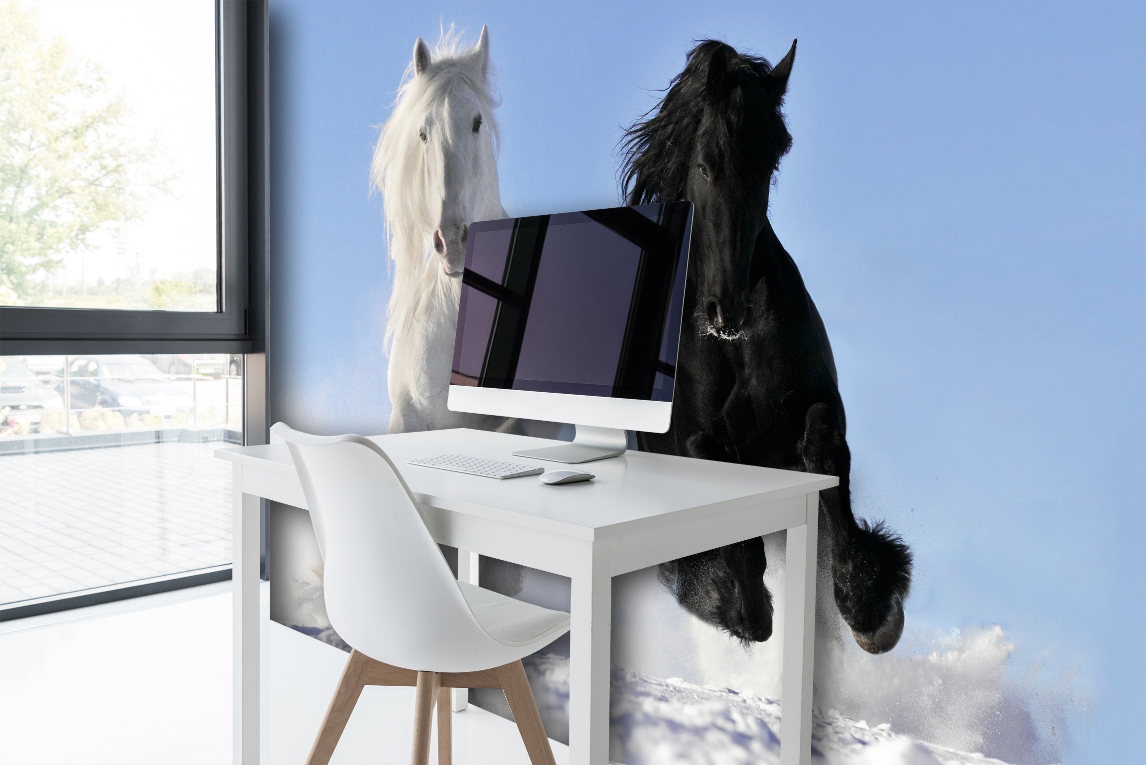 PVC Fototapete White and Black Horse - ECO Wandbild Selbstklebende Tapete - 3D Vinyl Wandsticker XXL  SW043
