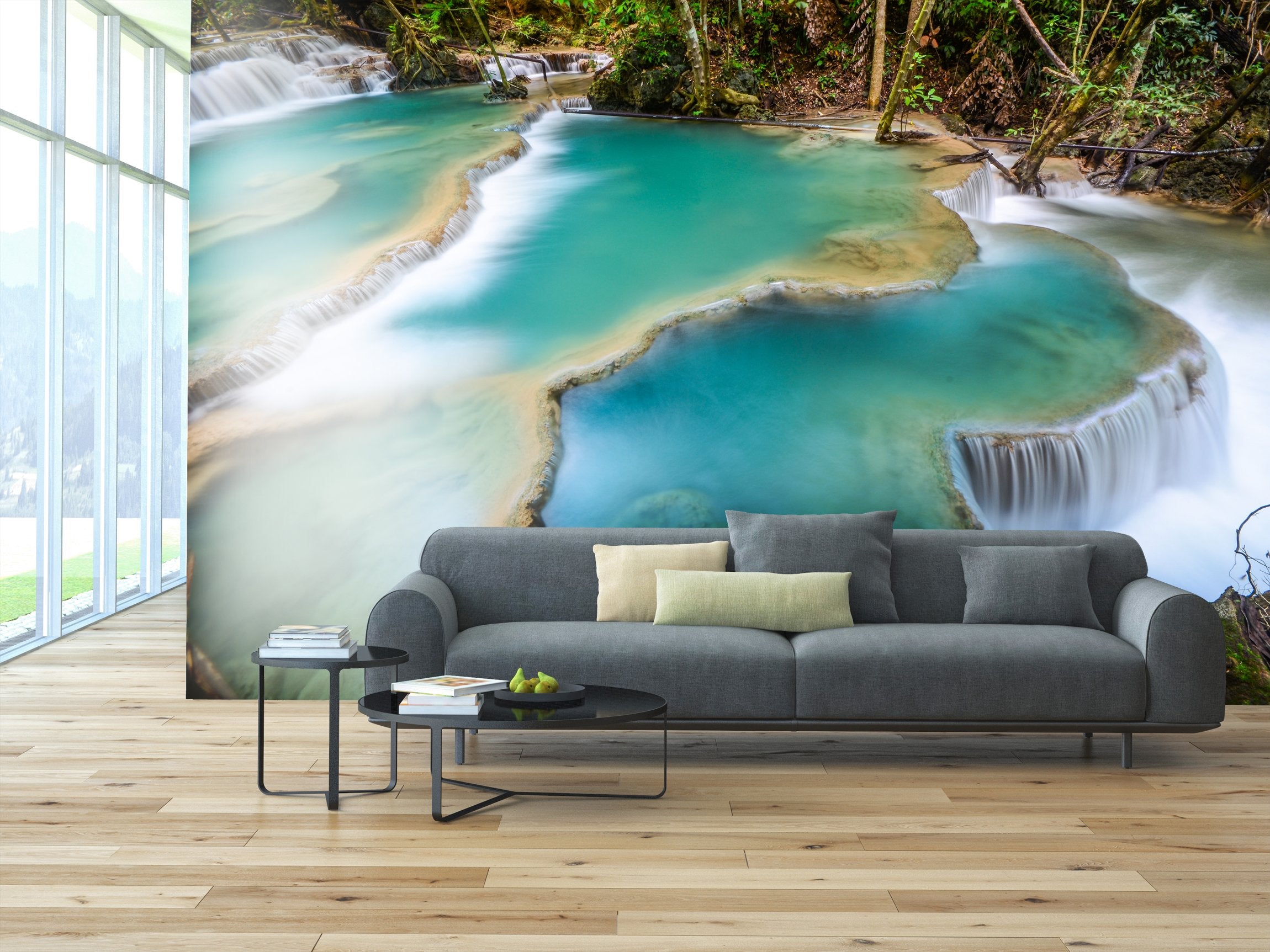 PVC Fototapete Deep Forest Waterfall - ECO Wandbild Selbstklebende Tapete - 3D Vinyl Wandsticker XXL  SW213