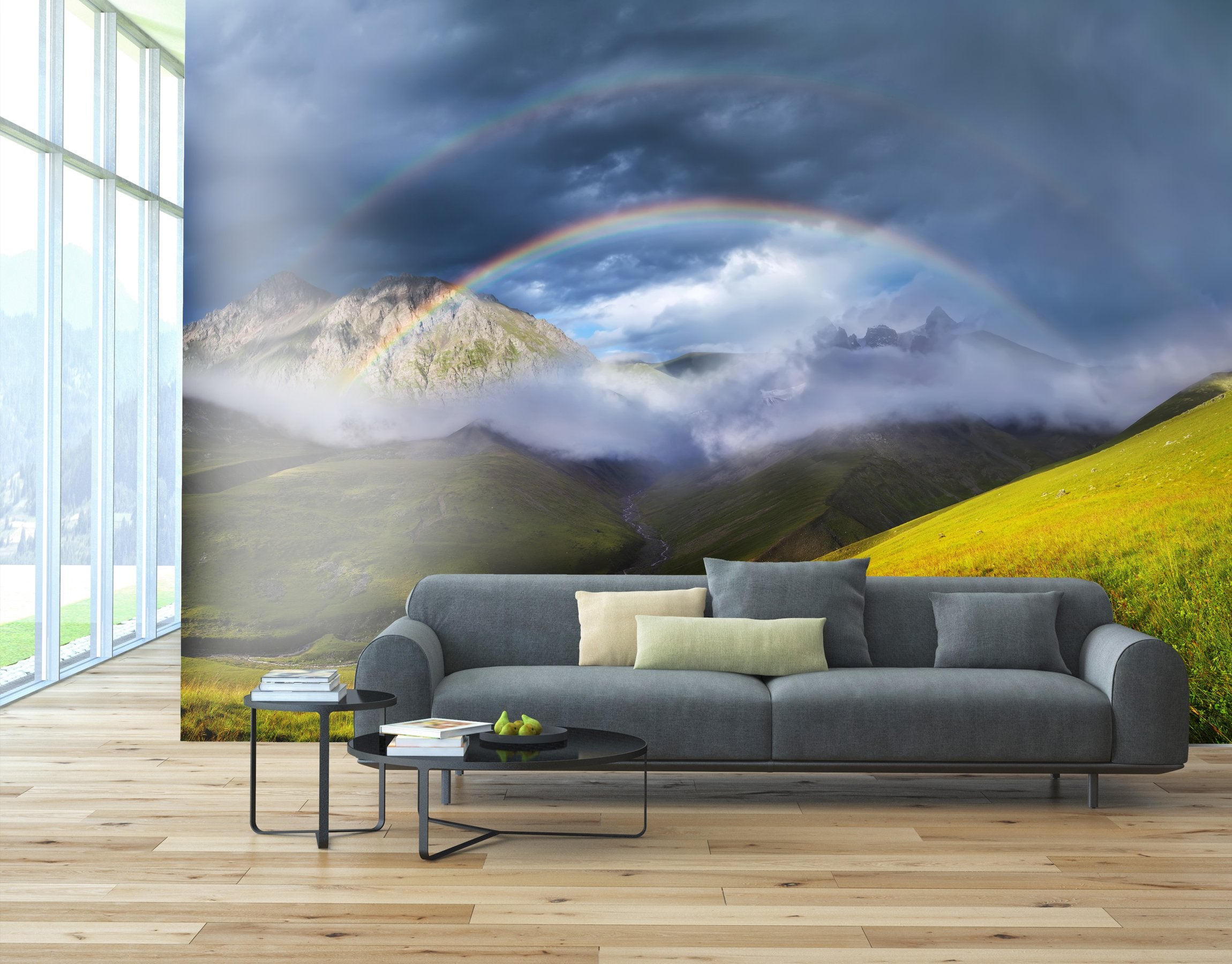 PVC Fototapete Rainbow In Mountain Valley – ECO Wandbild Selbstklebende Tapete – 3D Vinyl Wandsticker XXL  SW253 - life-decor.de