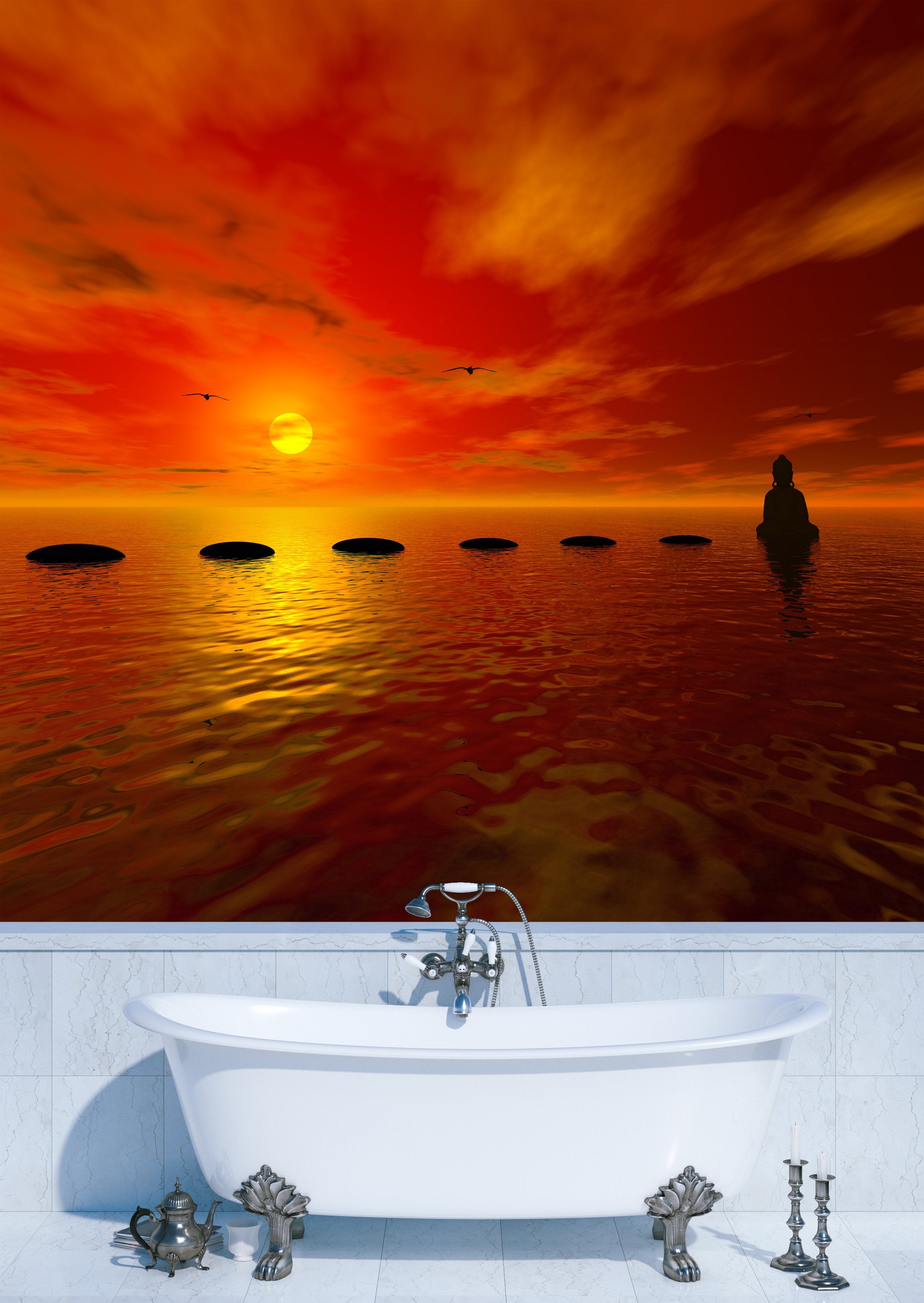 PVC Fototapete Steps And Buddha - ECO Wandbild Selbstklebende Tapete - 3D Vinyl Wandsticker XXL  SW230