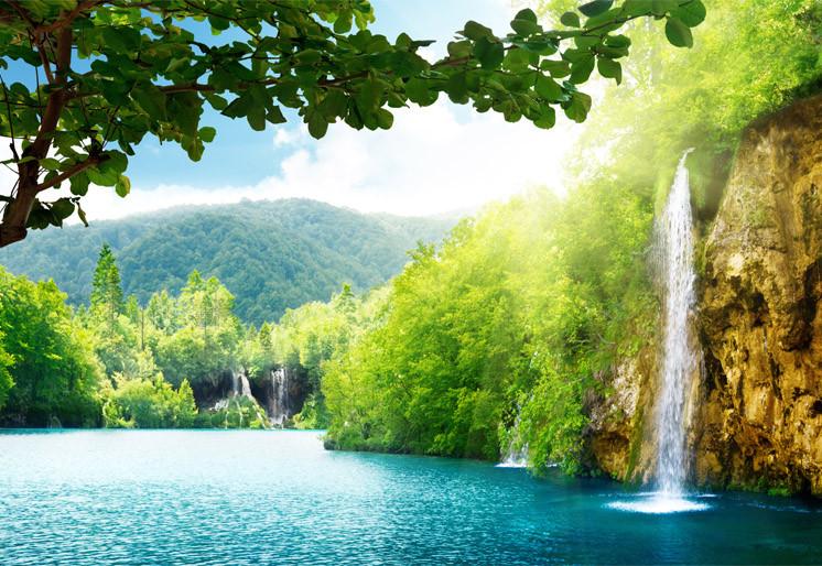 PVC Fototapete Waterfall In Deep Forest - ECO Wandbild Selbstklebende Tapete - 3D Vinyl Wandsticker XXL  SW193