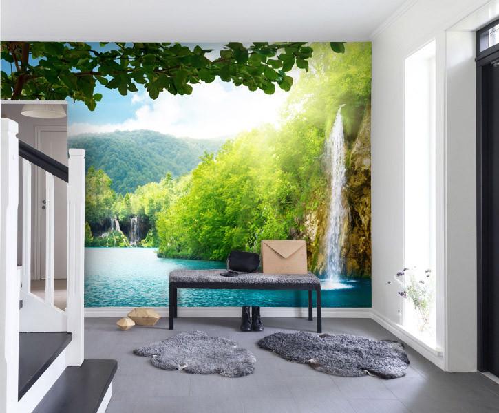 PVC Fototapete Waterfall In Deep Forest - ECO Wandbild Selbstklebende Tapete - 3D Vinyl Wandsticker XXL  SW193
